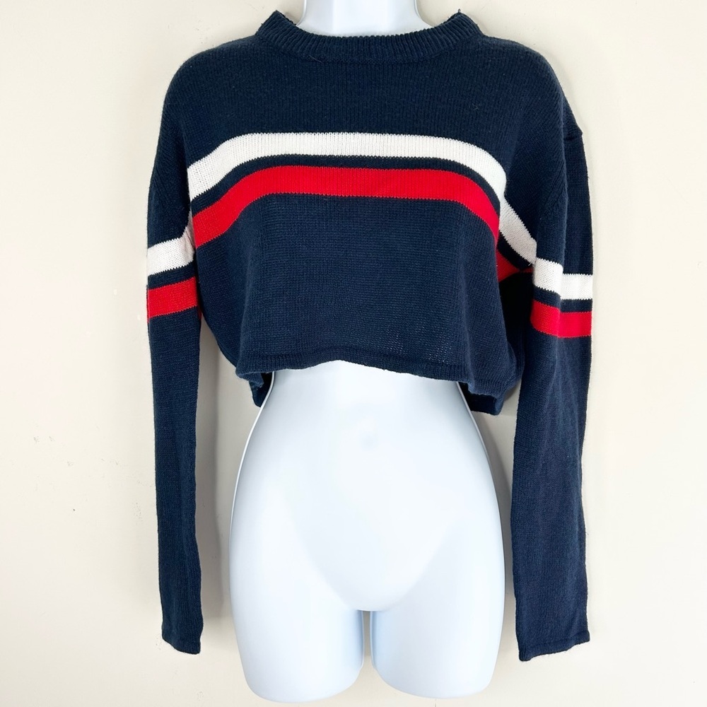 Bluenotes Women's Sweater Top Knit Crop Stripe Long sleeve Crewneck Navy Blue - Picture 11 of 11